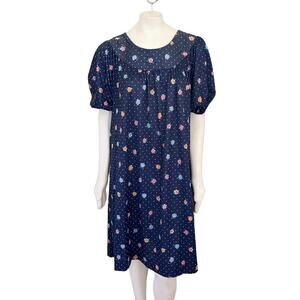 VTG 60s YAKKO Floral Polkadot Puff Sleeve Dress House Dress in Navy Blue SZ 2X